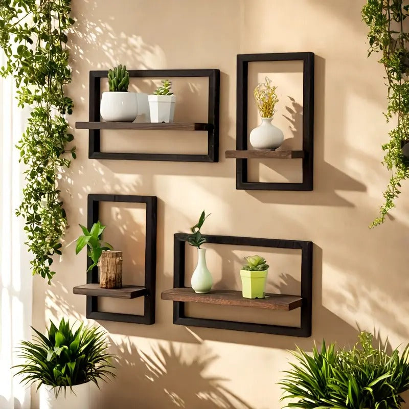 4'lü Ahşap Duvar Rafı Seti – Siyah Çerçeveli Dekoratif Raflar