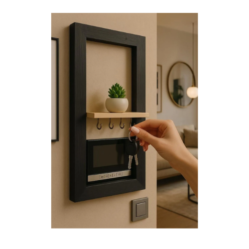 Diyafon Üstü Anahtarlık ve Raflı Duvar Askılığı – Çok Amaçlı Ahşap Çerçeve Tasarım