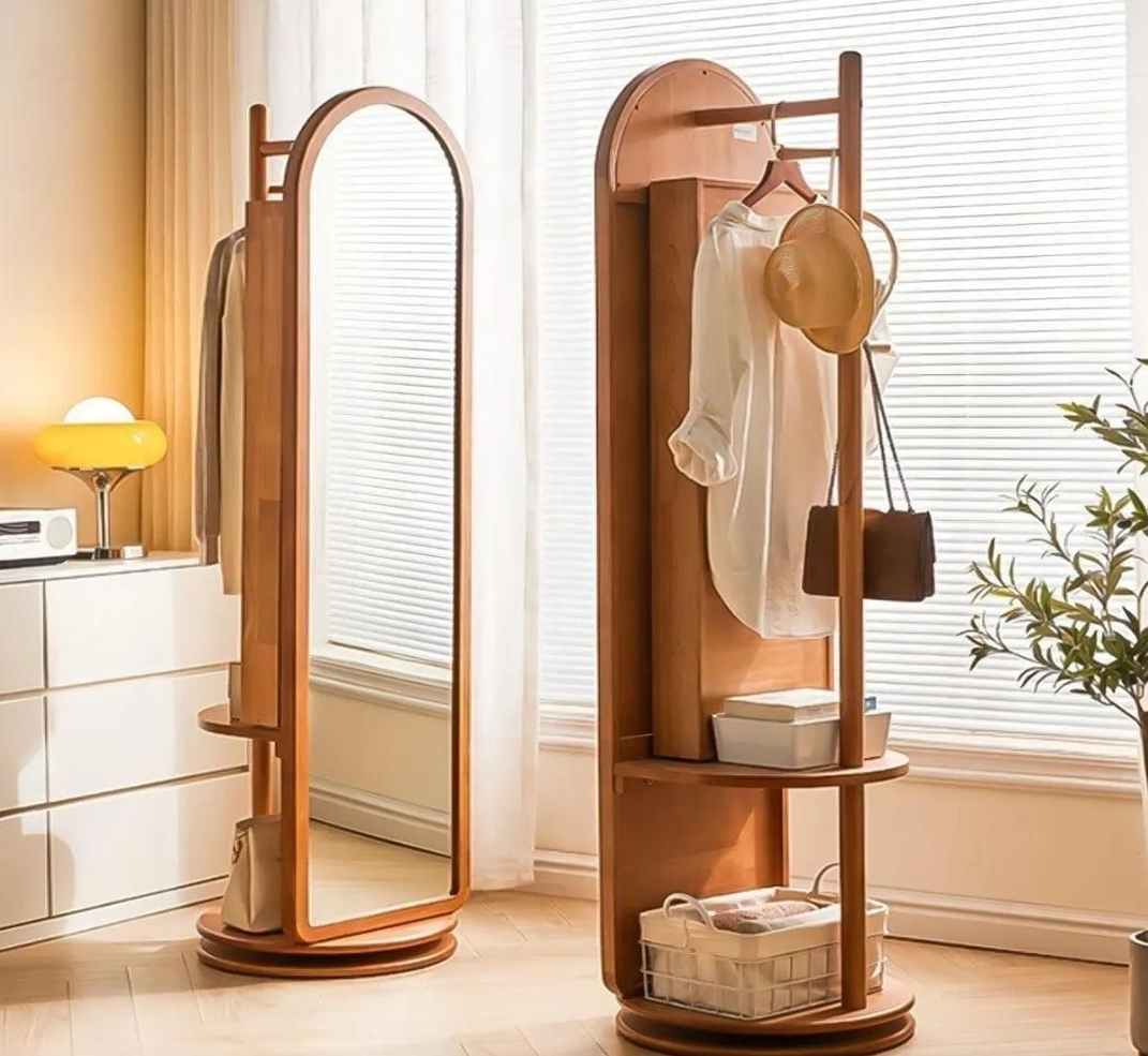 360° Döner Tam Boy Ayna ve Askılık Ünitesi – Çok Amaçlı Ahşap Organizer