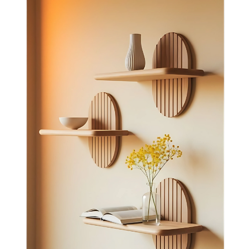 Ahşap Duvar Rafı Seti – Modern Dekoratif Oval Tasarım 3’lü