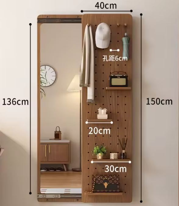 Çok Amaçlı Askılıklı Duvar Tipi Ayna ve Raf Ünitesi - Doğal Ahşap Görünümlü