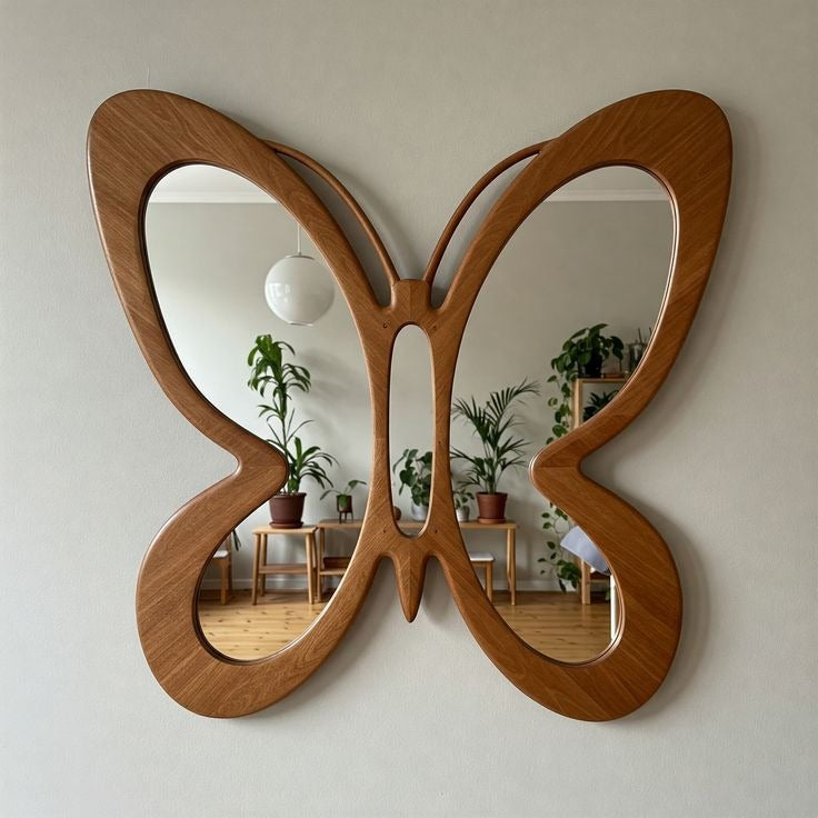 Ahşap Çerçeveli Kelebek Tasarımlı Dekoratif Ayna - Duvar Tipi